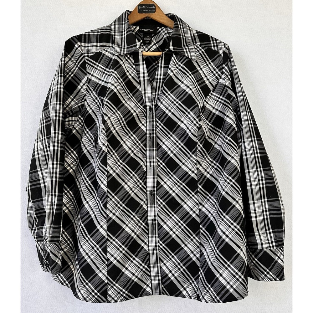 Lane Bryant Tartan Shirt Black White Plaid Dressy Long Sleeve Size 22